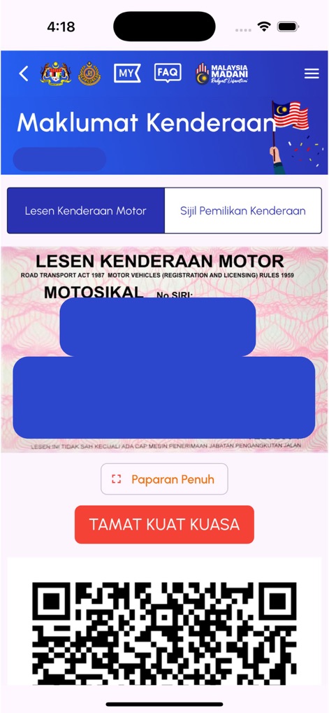 MyJPJ - This screen presents the digital 'Lesen Kenderaan Motor' (Motor Vehicle License) with a prominent 'TAMAT KUAT KUASA' indicator for expired status and a scannable QR code.