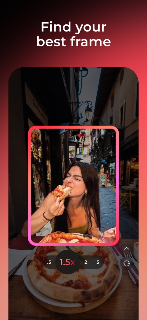 WayShot: AI Cam & Photo Editor - Users gain precise control over composition with adjustable zoom levels, such as '1.5x', and a dynamic pink framing outline to easily find and perfect their best shot.