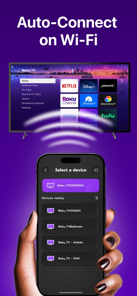 Remote Control for Roku TV ◦ - Esta herramienta simplifica la conectividad al mostrar una lista de dispositivos Roku cercanos y permitir la conexión automática a través de Wi-Fi para un emparejamiento rápido.