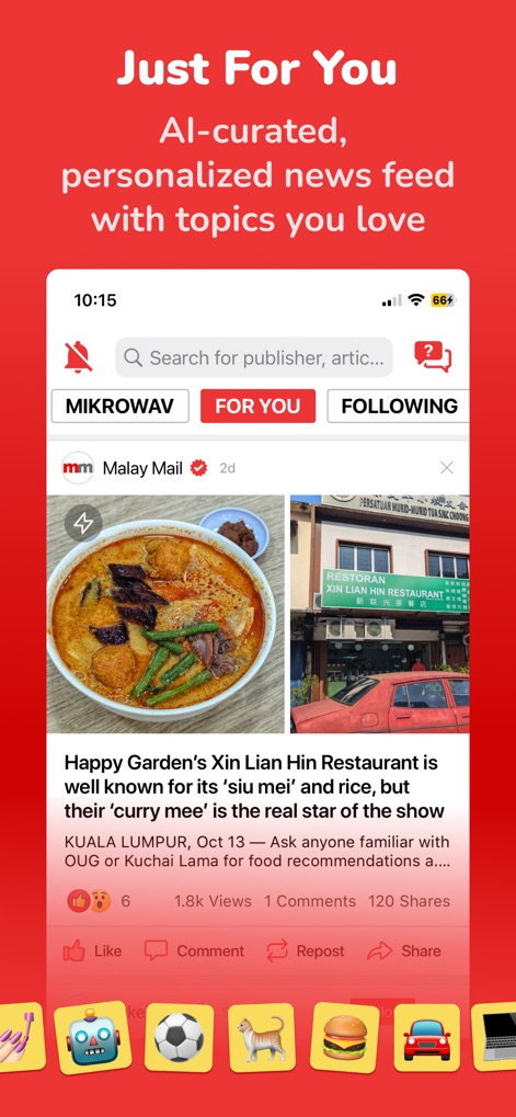 Newswav - Latest Malaysia News - This app delivers an AI-curated "FOR YOU" feed based on user preferences, further refined by exploring various category icons at the bottom.