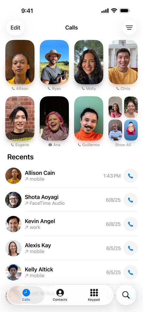 Phone - O aplicativo Phone apresenta uma interface unificada onde os usuários podem ver seus contatos favoritos, exibidos com fotos personalizadas, e acessar a lista de chamadas recentes, que detalha conversas passadas e perdidas.