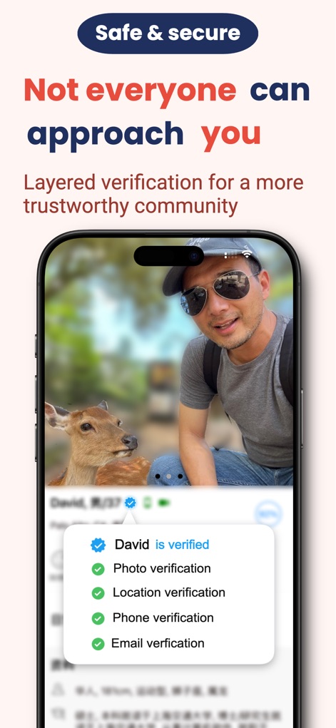 Lovevite 红叶故事 Chinese Dating - Trust is built through a robust, layered verification process, with clear verification badges for photo, location, phone, and email visible on user profiles.