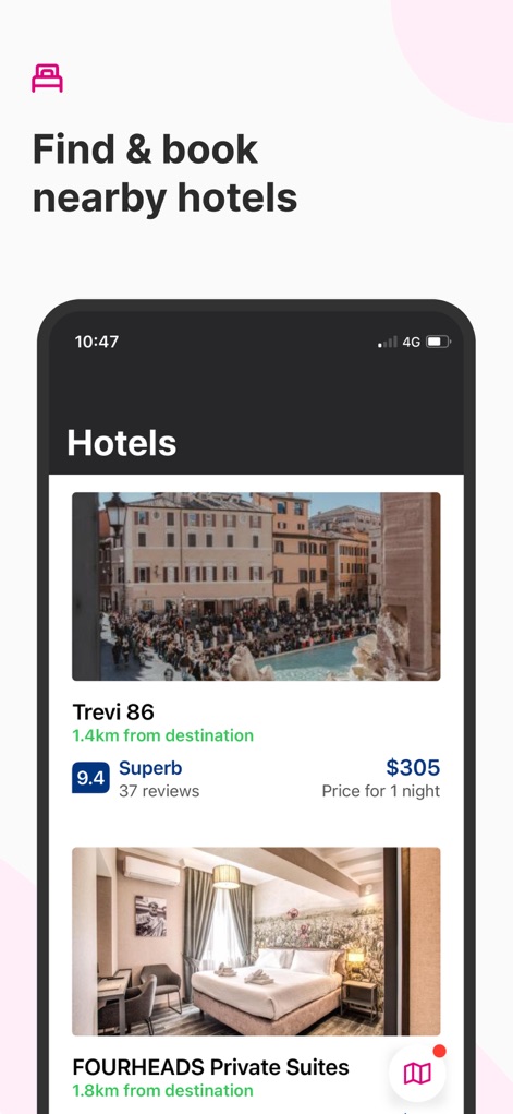 Rome2Rio: Trip Planner - The app offers an integrated accommodation search, displaying a curated list of nearby hotels with images and star ratings, along with clear pricing and distance information.