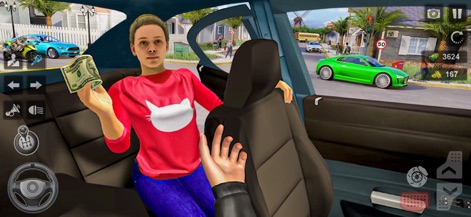 Radio Taxi Driving Game 2021 - Diese Innenansicht zeigt eine Passagierin, die dem Fahrer Geld anbietet, was die detaillierte Innenansicht des Taxifahrgastraums aus First-Person-Perspektive hervorhebt.