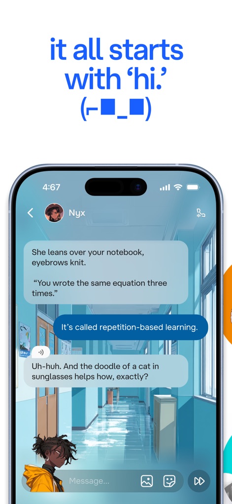 Character AI: Chat, Talk, Text - La interfaz de chat ofrece una experiencia inmersiva con sus "burbujas de diálogo" que muestran la conversación y un "fondo detallado de un aula", ambientando el escenario para el roleplay.