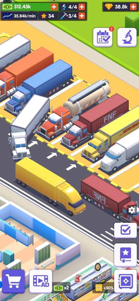 Truck Stop Tycoon-idle game - La aplicación muestra un estacionamiento bullicioso, donde los usuarios pueden apreciar la diversidad de camiones, desde los de carga con contenedores hasta los cisterna, mientras la sección visible del supermercado complementa los servicios.