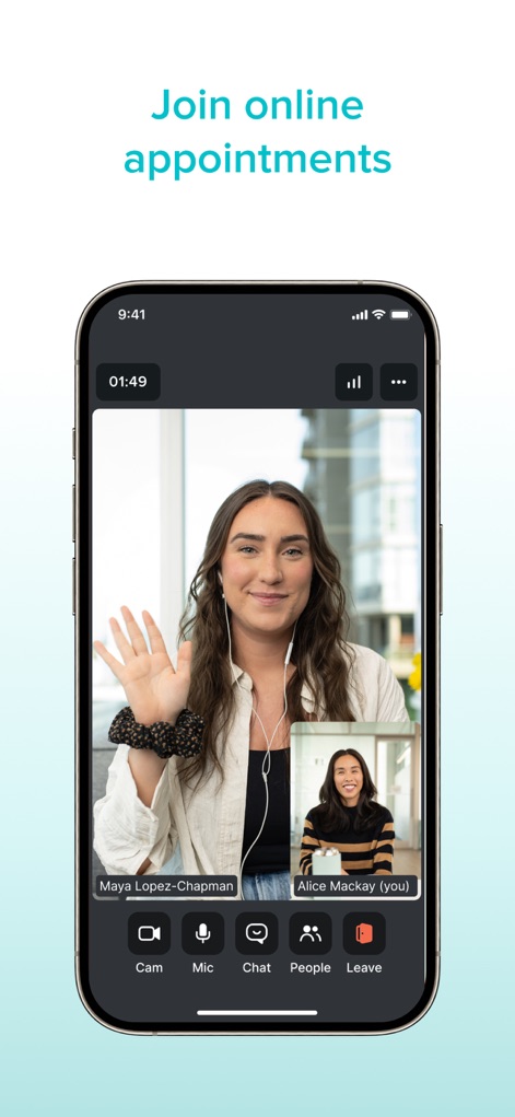 Jane for Clients - Users can easily join secure online appointments, utilizing the integrated video call interface and essential communication controls.