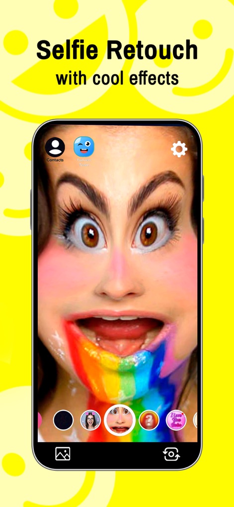 Funveo: Funny Face Swap Filter - 사용자는 이 앱의 독특한 필터를 통해 얼굴을 과장되게 변형하여 우스꽝스러운 표정을 연출하고, 무지개색 액체 효과로 시각적인 재미를 더할 수 있습니다.