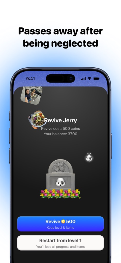 PicPet - Si la mascota es descuidada, la aplicación muestra una lápida con flores y ofrece la opción de "Revivir" al compañero virtual a cambio de monedas virtuales.