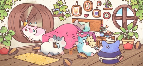 Hamster Inn - La aplicación muestra a los pequeños huéspedes disfrutando de las comodidades del Hamster Inn, con un hámster haciendo ejercicio en su rueda y otro acurrucado bajo una cálida manta.