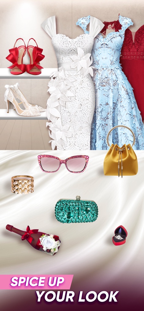 Wedding Stylist: Dress Up Game - Questo screenshot presenta una vasta gamma di accessori, dalle scarpe eleganti con fiocchi e pizzi agli accessori glam come borse e gioielli, che permettono di arricchire e personalizzare ogni look.
