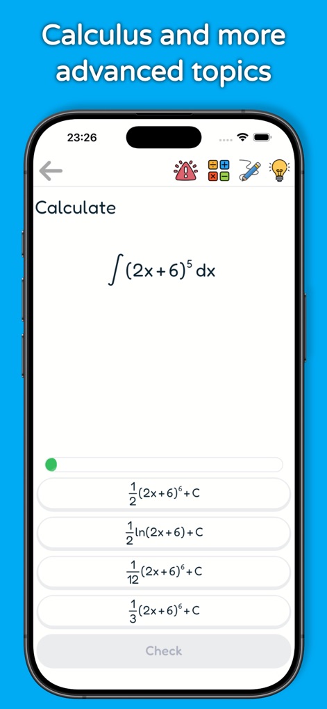 1st - 12th Grade Math Problems - This tool engages advanced learners with complex calculus problems and presents multiple-choice solutions alongside a utility icon bar for various functions.