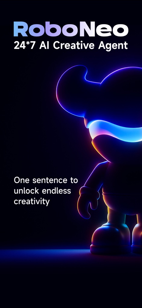 RoboNeo - La pantalla de inicio presenta el nombre de la aplicación 'RoboNeo' con un impactante diseño neón y un mensaje claro sobre la facilidad de uso para desbloquear una creatividad ilimitada.