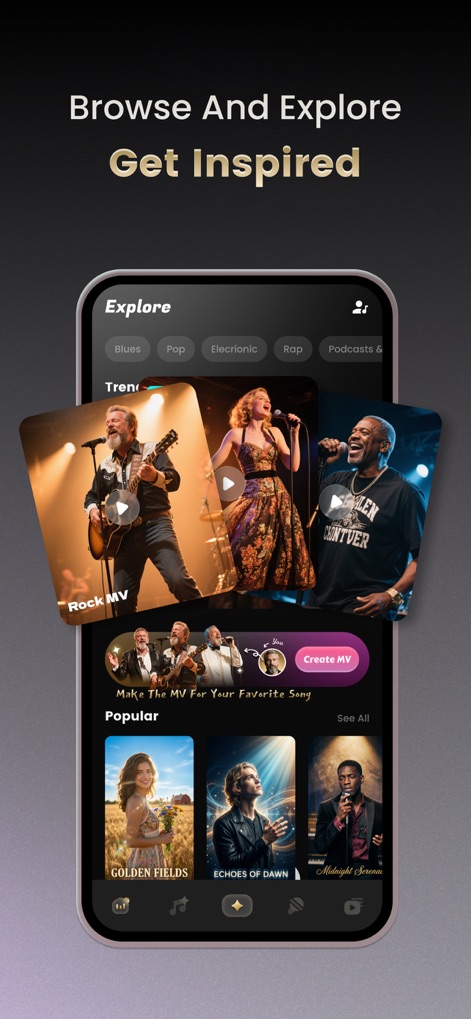 Music AI - MV Video Generator - The "Explore" section features "Trending MV" and "Popular" categories, offering a visual feast of music videos to spark creative ideas.