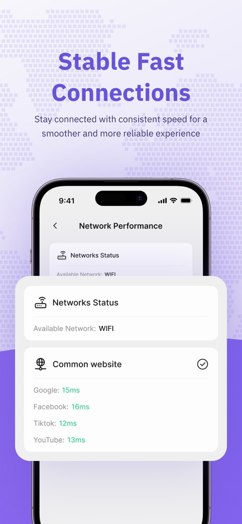 SpeedTop VPN: Fast & Secure - Examine the app's built-in network performance monitoring, featuring a real-time "Networks Status" display and detailed latency checks for common websites.
