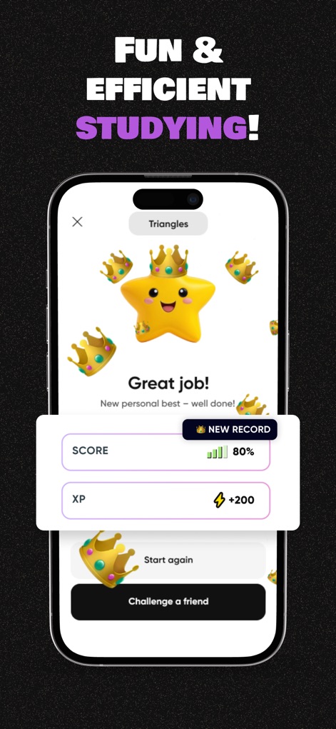 Baobab – Study & Homework - Après chaque quiz, les résultats sont affichés de manière engageante, avec un score en pourcentage et des points d'expérience (XP) attribués. Les utilisateurs peuvent relancer le quiz ou défier un ami pour renforcer leur apprentissage.