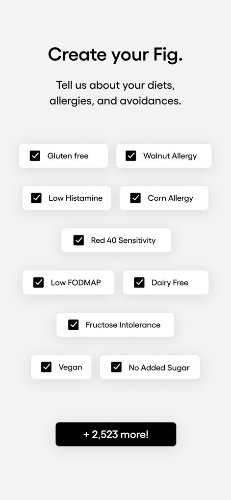 Fig: Food Scanner & Guide - Users can easily configure their dietary profile by selecting from a wide range of specific dietary restrictions and viewing the extensive list of additional customizable options.