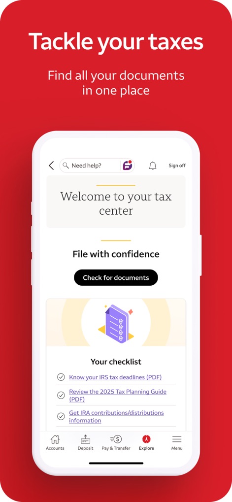Wells Fargo Mobile® - Os usuários podem acessar um centro de impostos organizado, exibindo o título 'Welcome to your tax center' e uma 'Your checklist' com documentos e prazos fiscais essenciais.
