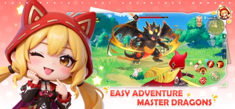 Magicmon: World - Der witzelnde, niedliche Chibi-Charakter leitet über zu einer Szene, die epische Drachenkämpfe in der weitläufigen Spielwelt darstellt.