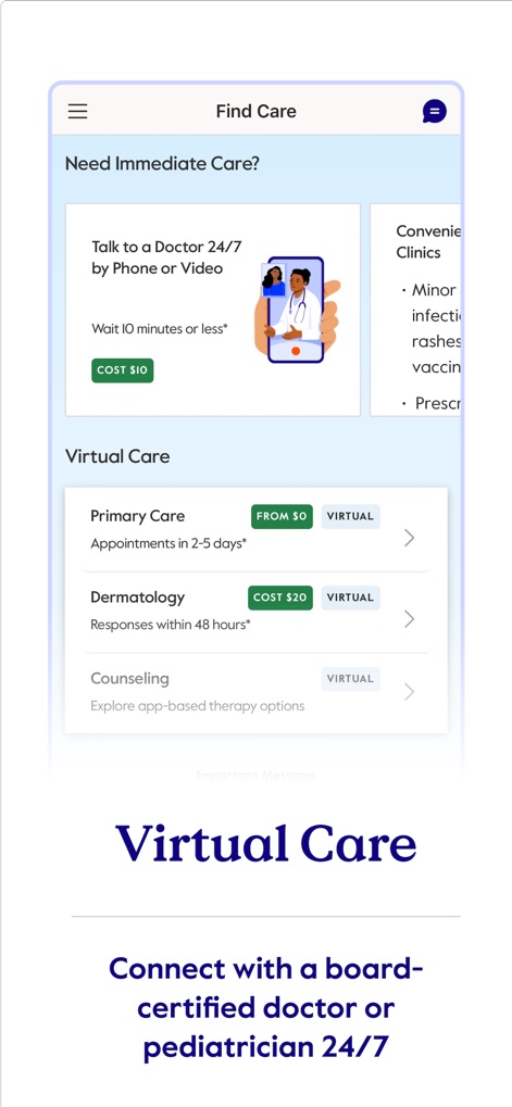myCigna - Esta herramienta facilita la conexión con profesionales de la salud, destacando la opción de "Talk to a Doctor 24/7 by Phone or Video" y la disponibilidad de citas de "Primary Care" para una atención conveniente.
