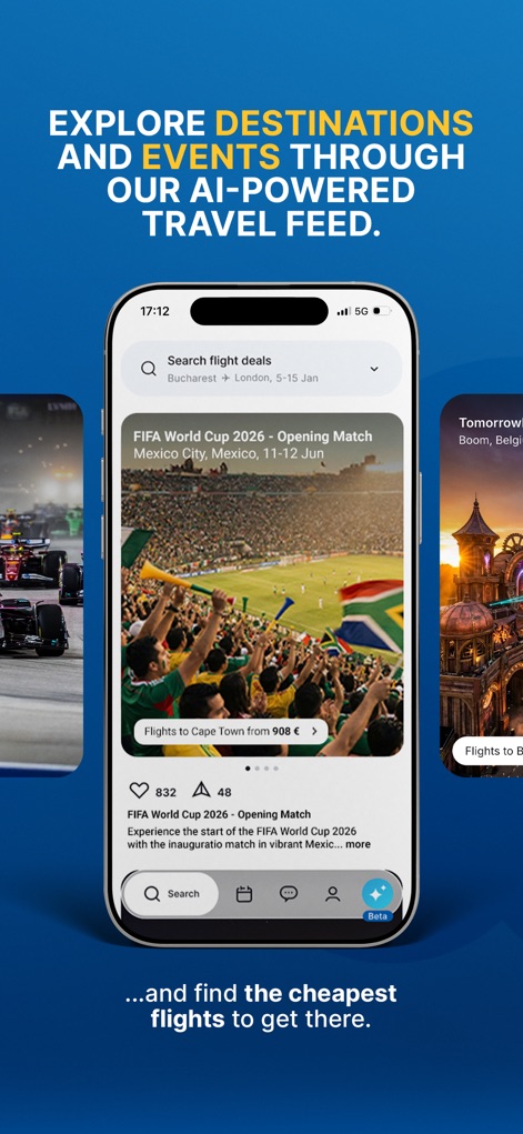 GoVola - Cheap Flights - The app's travel feed assists users in exploring new destinations and events, displaying popular happenings like the FIFA World Cup and Tomorrowland.