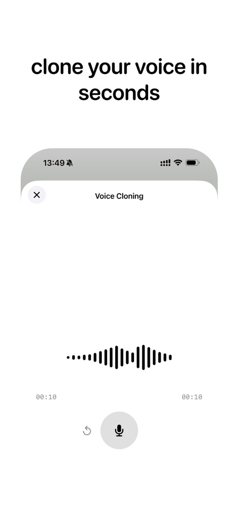 Labs AI Voice Generator - O recurso de clonagem de voz oferece uma personalização avançada, com a interface exibindo uma forma de onda de áudio em tempo real durante a gravação e um ícone de microfone claro para iniciar e gerenciar o processo.