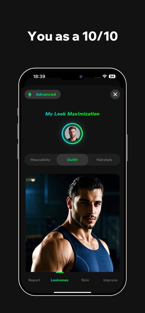 AnimalFace - looksmax ai score - This screenshot illustrates the "Looksmax" feature, where users can explore improvement categories like "Outfit" and see a high-attractiveness "male model" embodying enhanced features.
