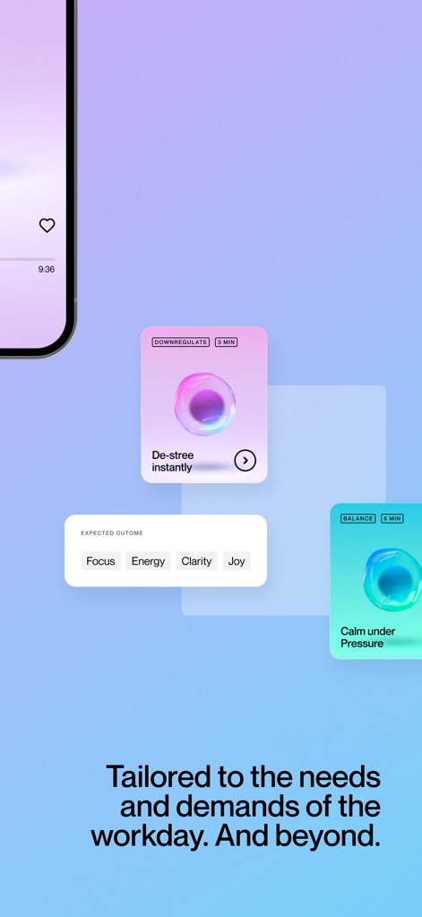 Regulate: Breathwork for Focus - Visualisez comment Regulate s'adapte aux exigences professionnelles avec des sessions "De-stress instantly" et des résultats attendus comme le "Focus" et la "Clarté".
