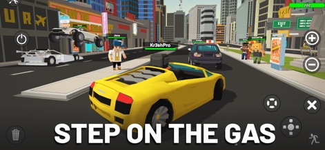 Simple Sandbox 2 - Experience high-octane gameplay as a sleek yellow sports car speeds down a busy city street alongside other players.