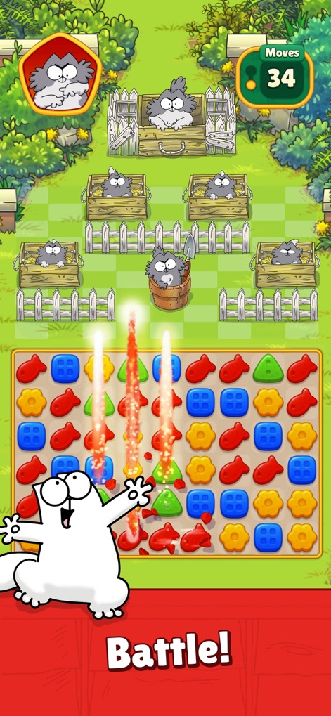 Simon's Cat Match! - Immerse in the interactive garden-themed match board, featuring adorable feline friends, while Simon's Cat cheers on your every move.