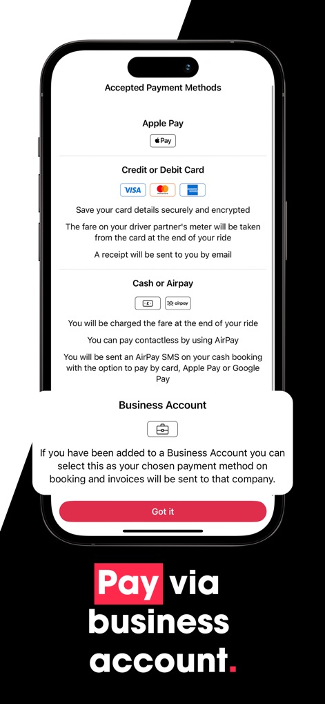 Veezu Taxi UK | Request a Ride - This tool supports multiple payment options, ranging from credit/debit cards to a dedicated business account feature, catering to various user needs.