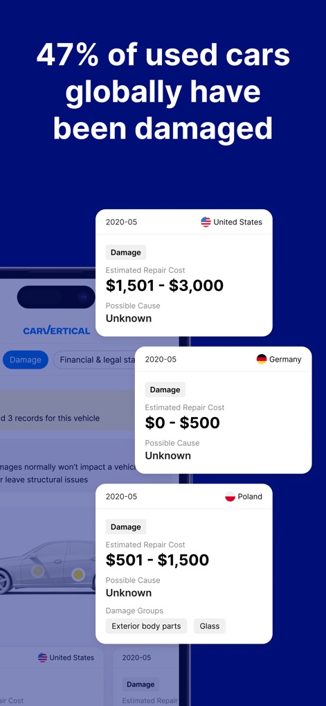 carVertical: Check Car History - This tool delivers comprehensive damage history, presenting estimated repair costs from various countries and illustrating damaged areas on a visual car diagram.