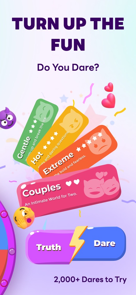 Spin Wheel - Random Pick - Explore various "Truth or Dare" difficulty levels, from 'Gentle' to 'Extreme', and distinct 'Truth' and 'Dare' selection buttons.