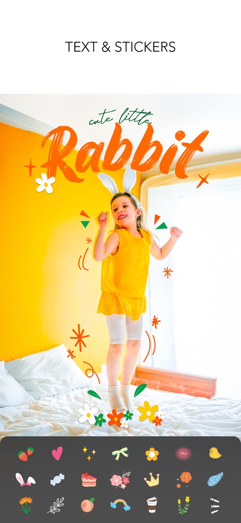 MOLDIV Photo Editor, Collage - Nutzer können ihre Fotos mit kreativen Textüberlagerungen personalisieren und dabei aus einer umfangreichen Sticker-Bibliothek wählen, um spielerische und ausdrucksstarke Inhalte zu schaffen.