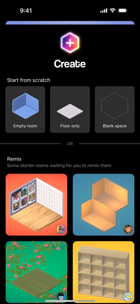 Rooms - Users can begin their creations from scratch with options like an 'Empty room' or 'Floor only', or choose to 'Remix' existing starter rooms for immediate inspiration.