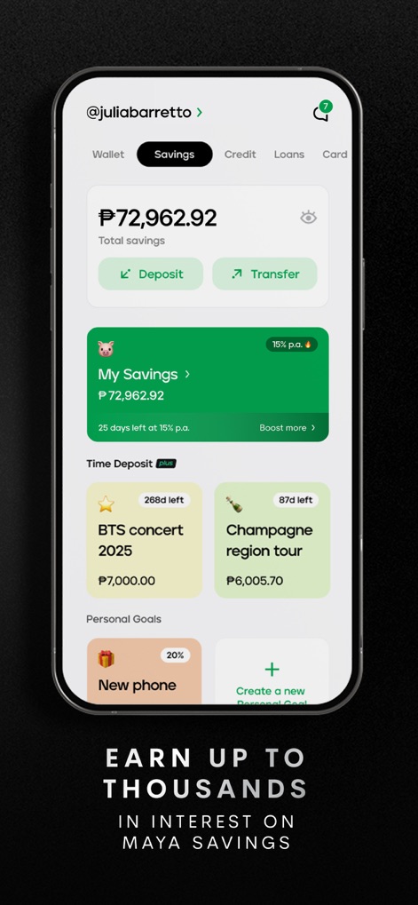 Maya – savings, loans, cards - This view demonstrates the app's high-yield savings account, showcasing 'My Savings' with up to 15% interest p.a. and customizable 'Personal Goals' for targeted financial planning.