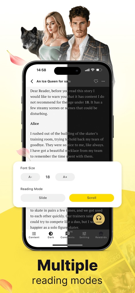 AnyStories-Top Novels & Books - The app offers a customizable reading interface, allowing adjustments to "Font Size" and selection between "Slide" or "Scroll" reading modes for optimal comfort.