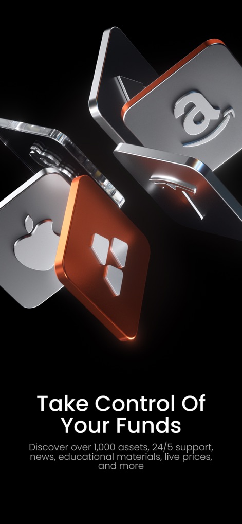 Vantage:All-In-One Trading App - This image visualizes the extensive range of tradable assets available, from "Apple" to "Amazon" shares, emphasizing control over diverse funds.