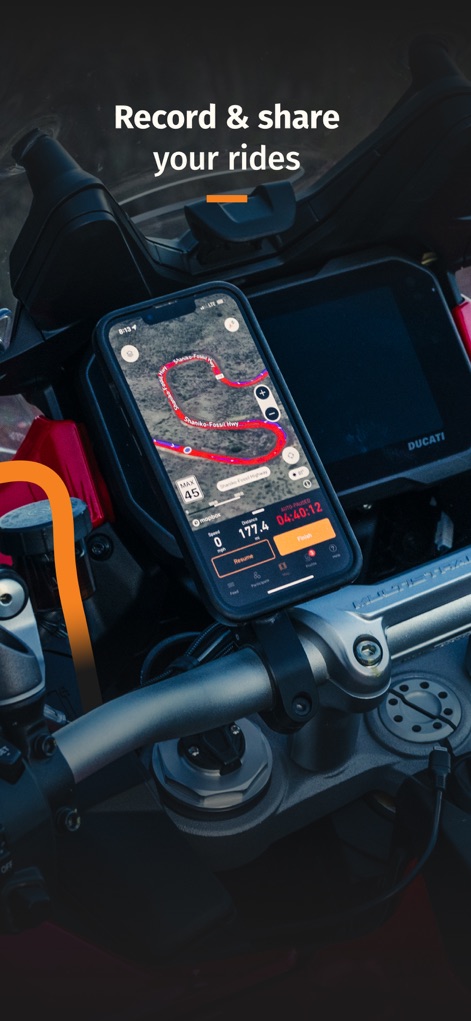 REVER - Motorcycle GPS & Rides - This tool enables riders to meticulously record their adventures, presenting key statistics like total distance and ride duration, alongside clear "Resume" and "Finish" control options.