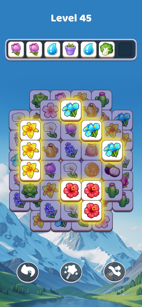 Tile Explorer: Tiles Clear! - The app provides clear visual feedback with highlighted matched tiles and integrates varied tile types, including distinct flower pots and cacti, for an enriched experience.