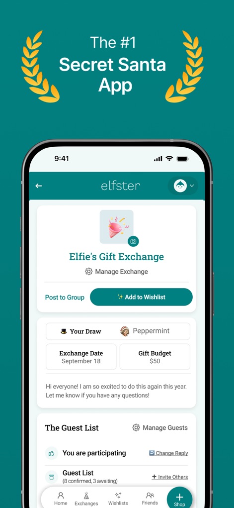 Elfster: The Secret Santa App - This app offers a clear overview of gift exchanges, displaying essential details like the "Exchange Date" and a detailed "Guest List" for easy management.