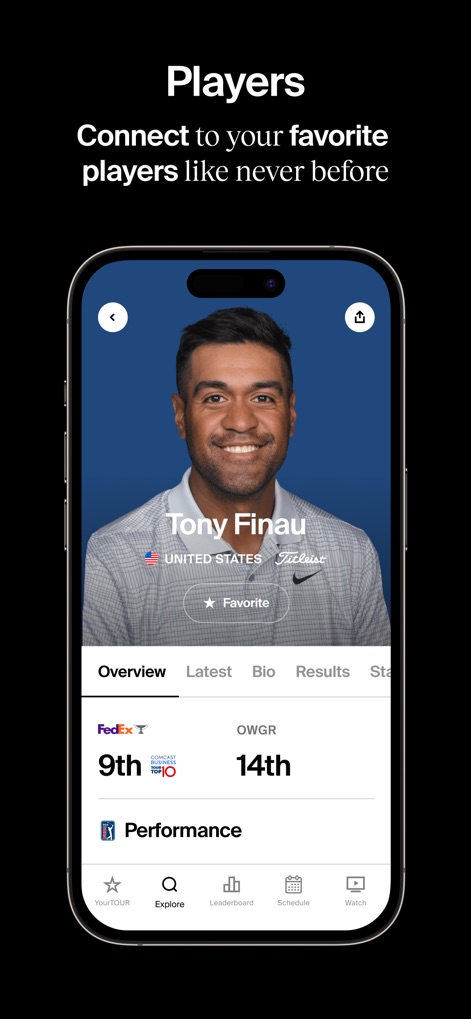 PGA TOUR - This tool offers detailed player profiles with multiple data tabs, showcasing key performance metrics like "FedEx Cup" rank and "OWGR" standings.