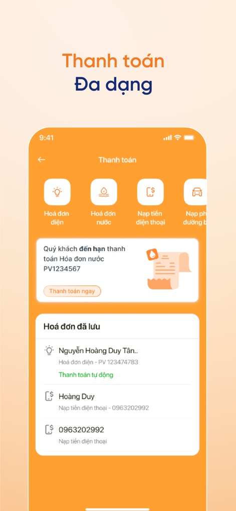 SHB SAHA - Dieser Bildschirm illustriert die breite Palette an Zahlungsoptionen, einschließlich Rechnungen für Versorgungsleistungen und Telefonaufladungen, mit einer übersichtlichen Darstellung fälliger Beträge und gespeicherter Zahlungsinformationen.