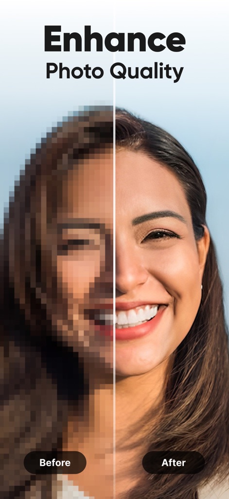 Unblur - AI Photo Enhancer - A captura de tela ilustra a transformação da qualidade, exibindo a imagem original pixelizada à esquerda e a versão aprimorada em alta definição à direita. A melhoria é notável nos detalhes faciais e na nitidez do cabelo.