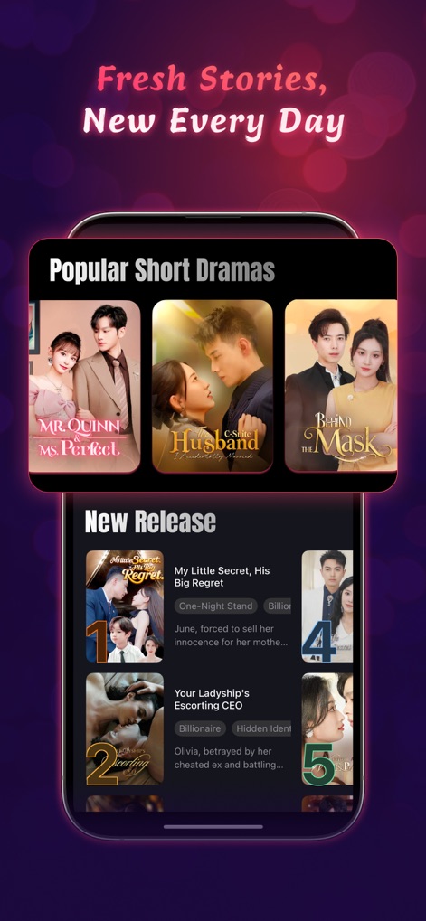 MeloShort-Stream Movies&Dramas - Os usuários encontram seções claras para 'Popular Short Dramas' e 'New Release', apresentando miniaturas de séries como 'Mr. Quinn Ms. Perfect' e 'My Little Secret', garantindo acesso contínuo a novos conteúdos.