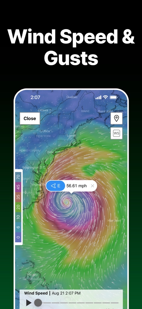 SKAI - NOAA Weather Radar - The app visualizes wind conditions with a dynamic wind speed map and an interactive timeline for tracking changes over time.
