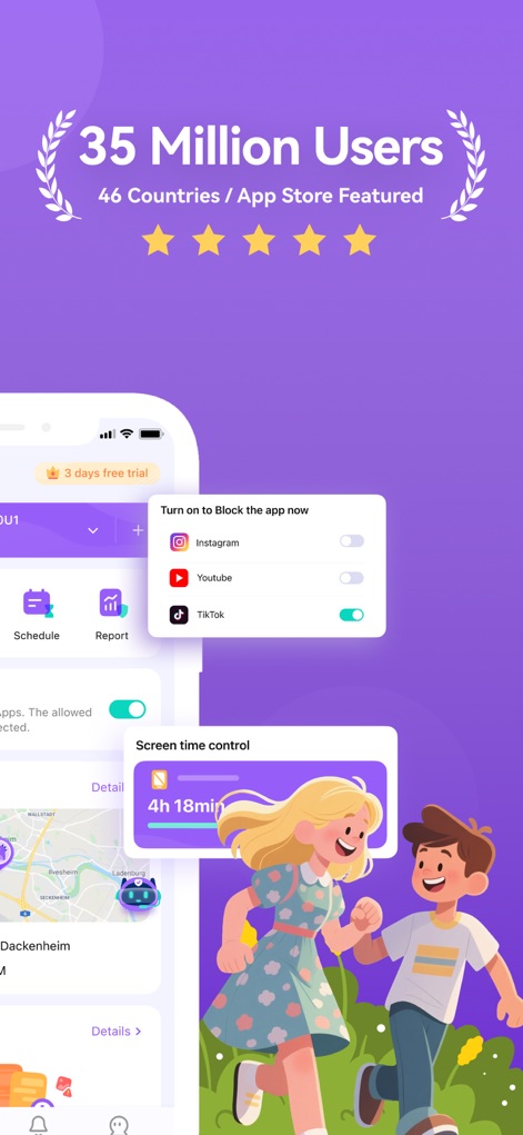 FamiSafe: Parental Control App - La aplicación es avalada por "35 Million Users" y ofrece herramientas robustas como el "Screen time control" para gestionar el acceso a plataformas populares.