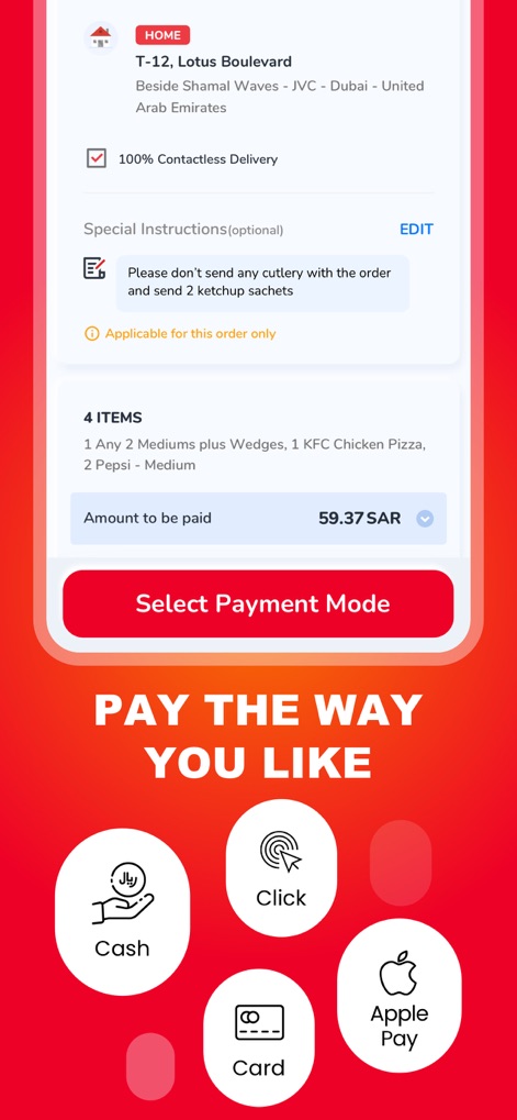 Pizza Hut KSA - Order Food Now - Diversas opções de pagamento são apresentadas, desde "Cash" (dinheiro) até pagamentos digitais como "Apple Pay", garantindo conveniência aos usuários.