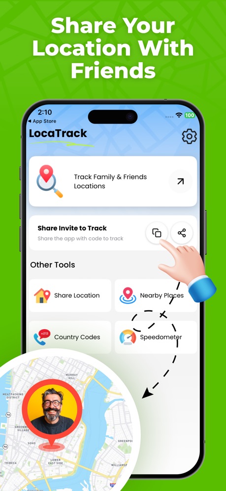 Locator: My Family & Friend App Store screenshot 3, headline “Share Your Location With Friends”. Zoomed detail of the UI.