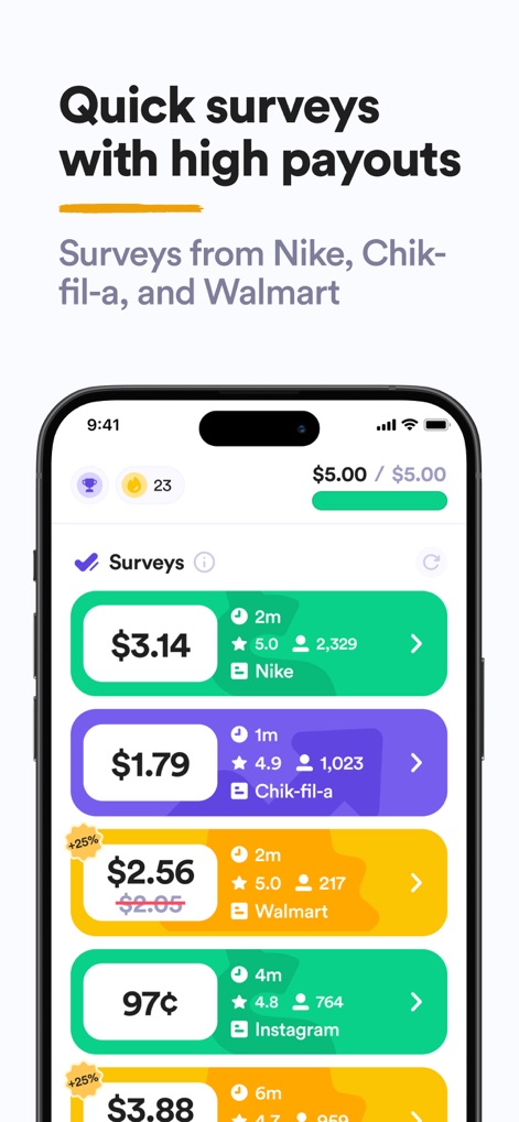 Eureka: Earn money for surveys - Eine Vielzahl lukrativer Umfragen von bekannten Marken wie Nike und Chik-fil-a wird angezeigt, komplett mit Auszahlungsbeträgen und geschätzten Bearbeitungszeiten.